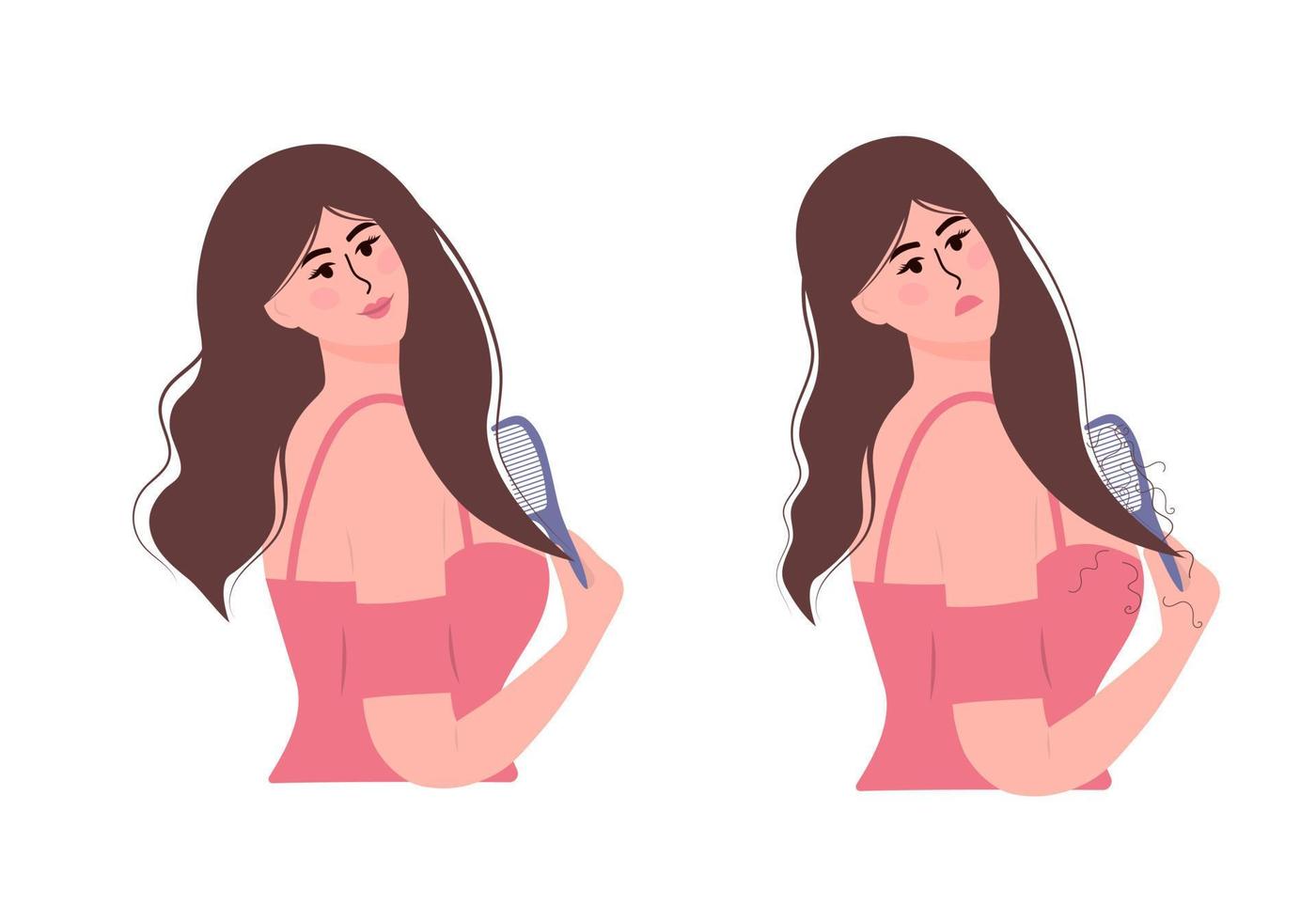 Beautiful woman is combing her hair and suffering from the hair loss. Before and after. Hair care, alopecia, hair problems, baldness concept. vector