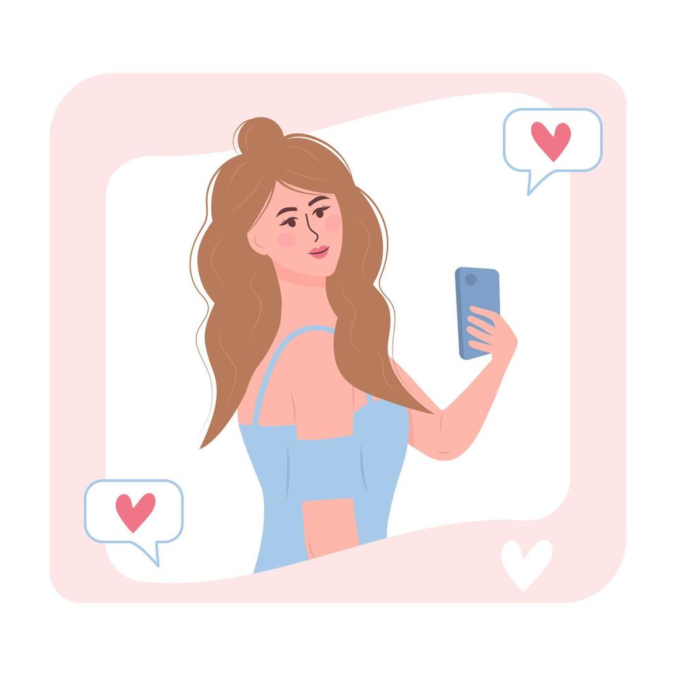 Beautiful young woman is taking selfie by smartphone. Popular media blogger. vector