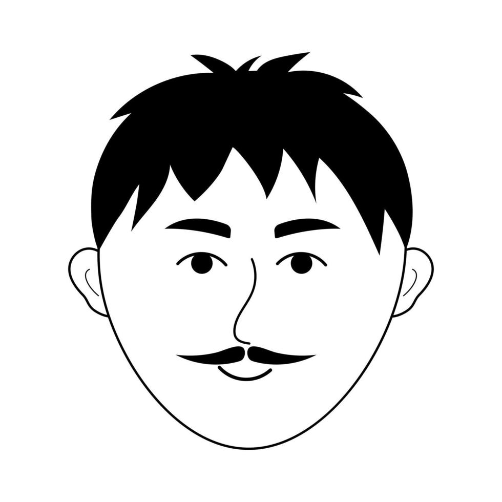 Man face with mustache in doodle style. Avatar of smiling guy. vector