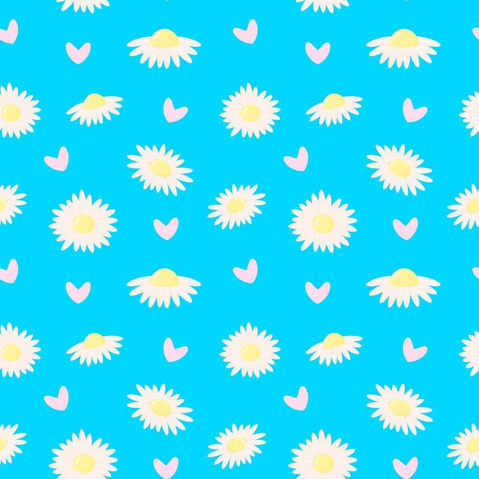 Daisies flowers and hearts seamless pattern. vector