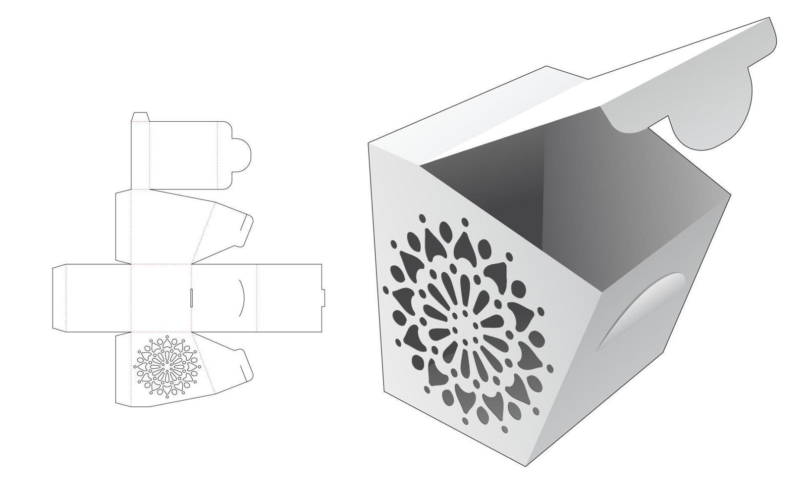 Cardboard locked point flip box with steciled mandala die cut template and 3D mockup vector