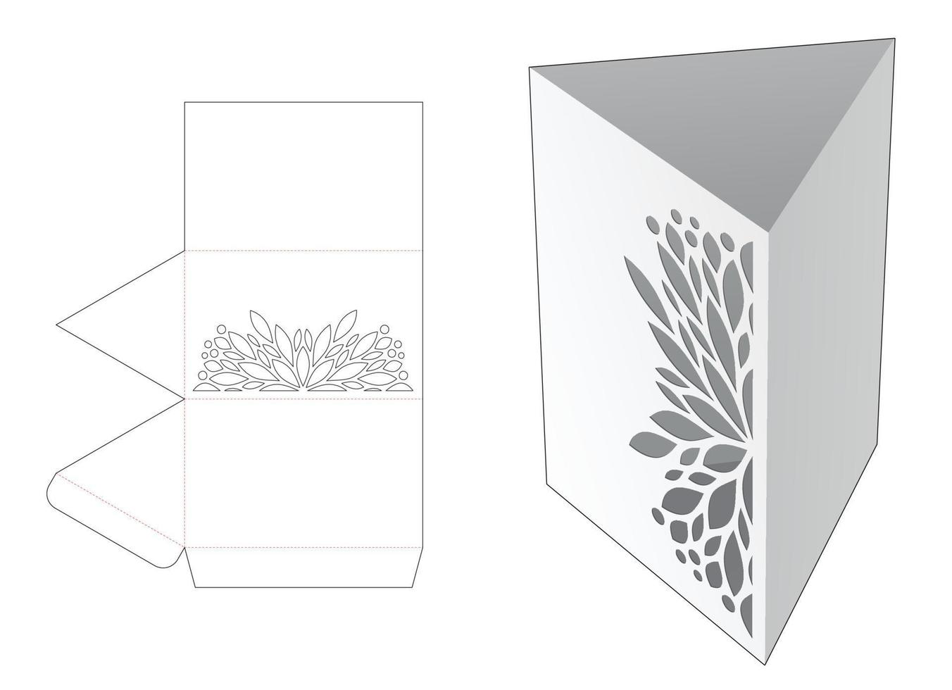 triangular shaped stationery box with stenciled mandala die cut template and 3D mockup vector