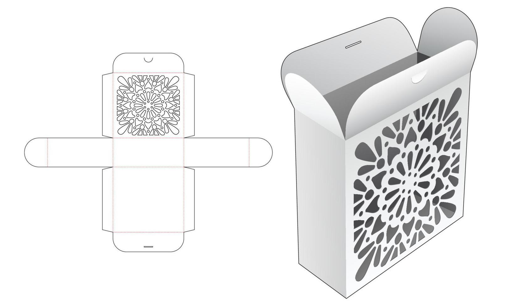 Cardboard Flip box with stenciled mandala die cut template and 3D mockup vector