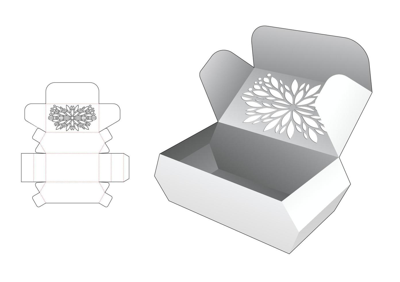 Chamfered stenciled flip food box die cut template and 3D mockup vector