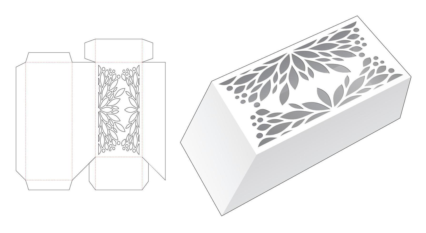 Chamfered long box with stenciled die cut template and 3D mockup vector