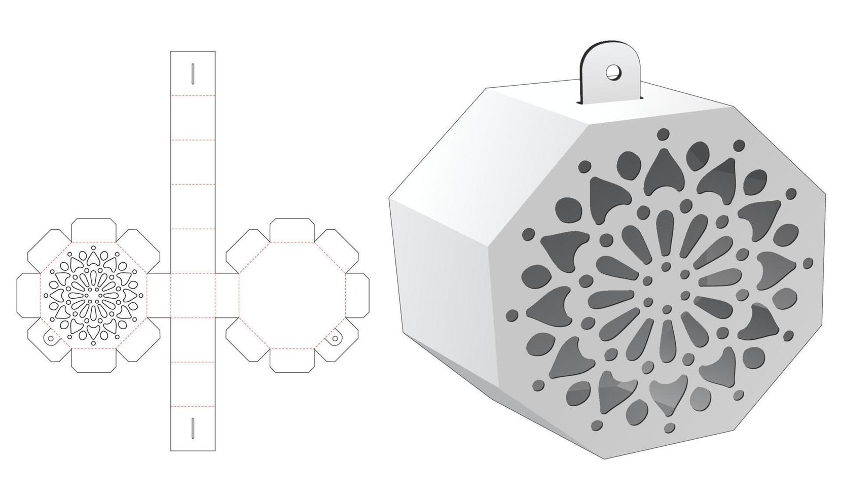 Hanging octagonal box with stenciled mandala die cut template and 3D mockup vector