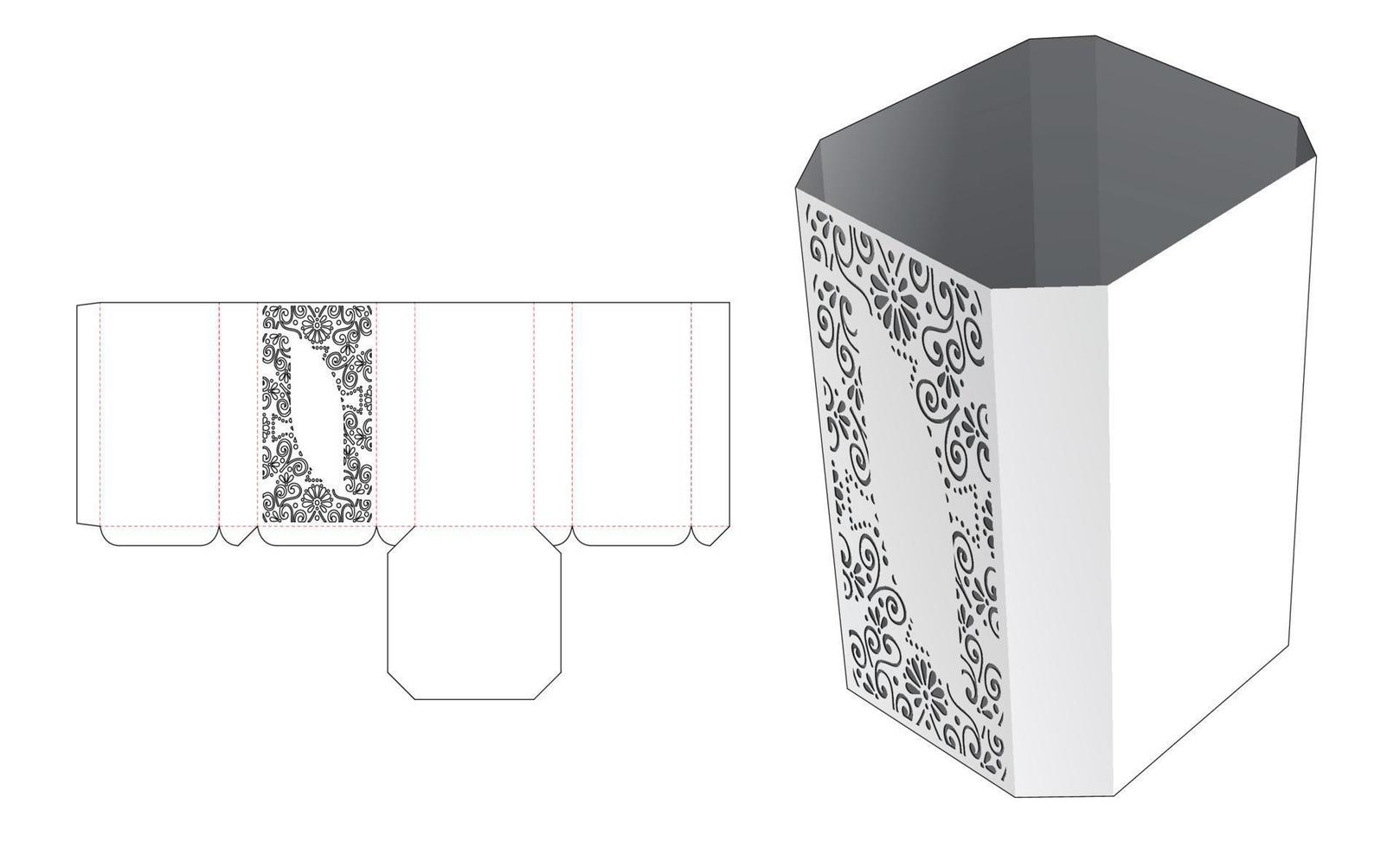 Octagonal stationery box with stenciled pattern die cut template and 3D mockup vector