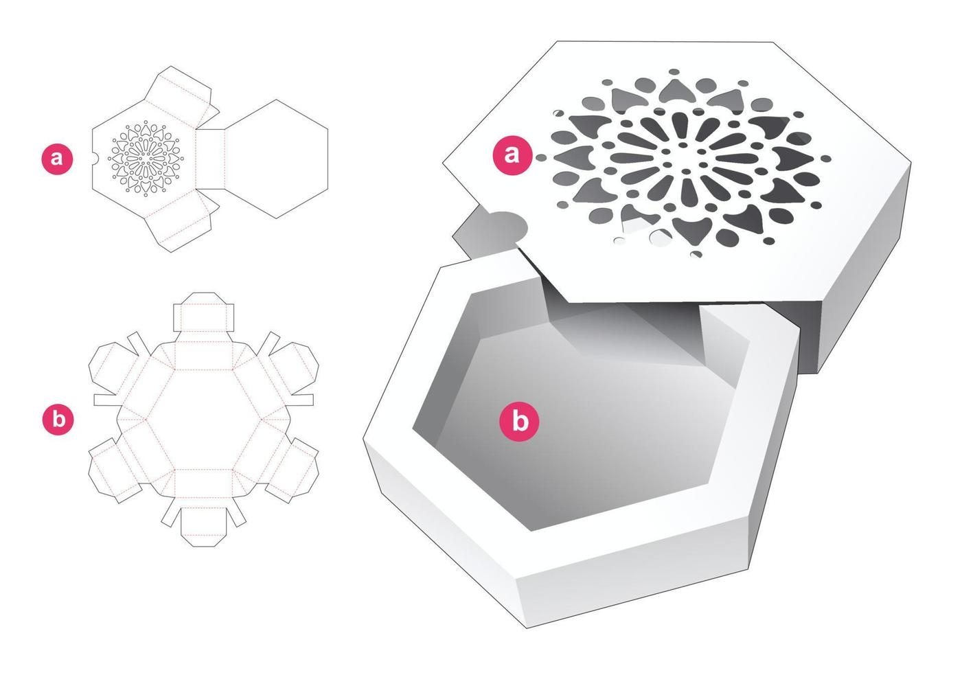 Sliding hexagonal box with stenciled pattern die cut template and 3D mockup vector