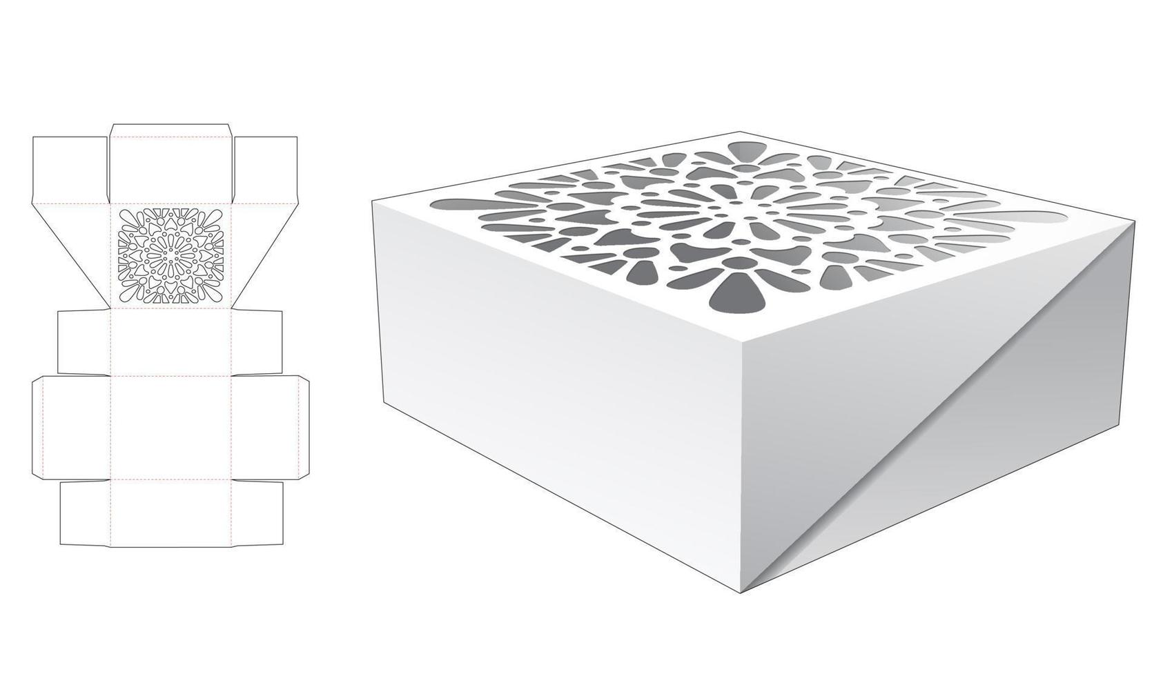 Cake box with stenciled mandala pattern on top die cut template and 3D mockup vector