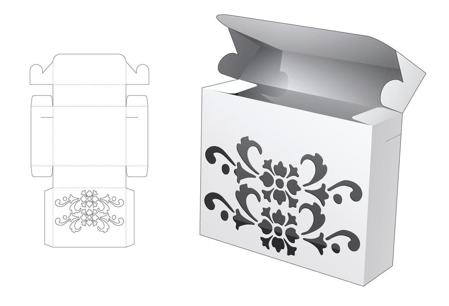 Packaging box with stenciled luxury die cut template and 3D mockup vector