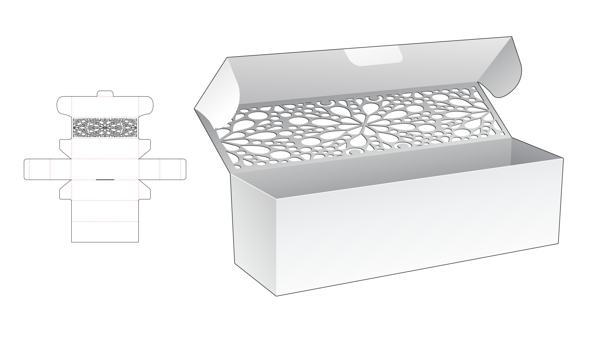 plantilla troquelada de caja larga con tapa estampada y maqueta 3d