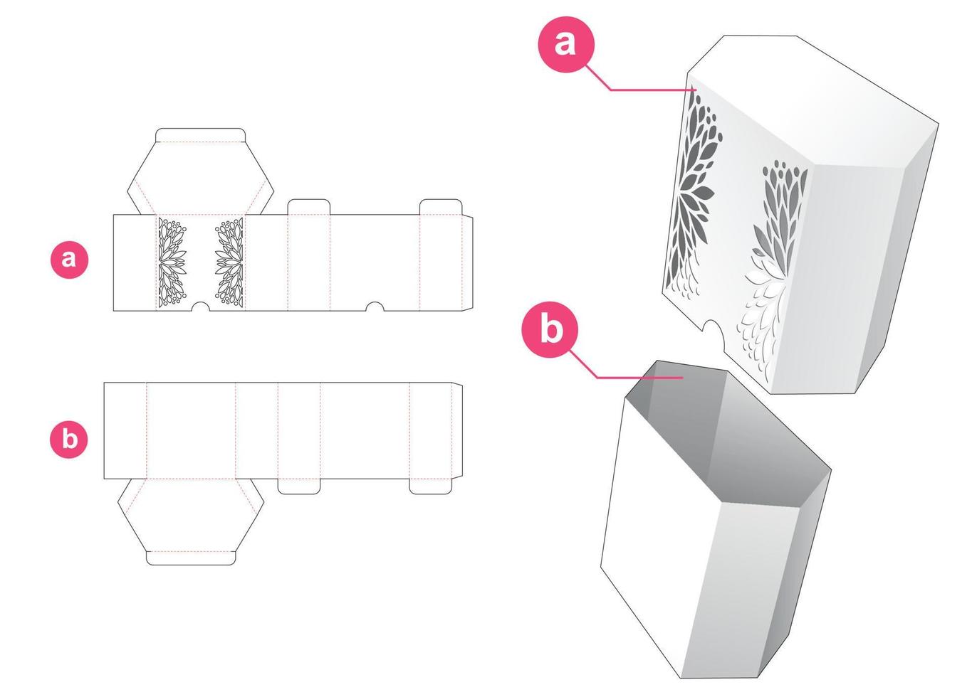 caja hexagonal con plantilla troquelada estarcida y maqueta 3d vector