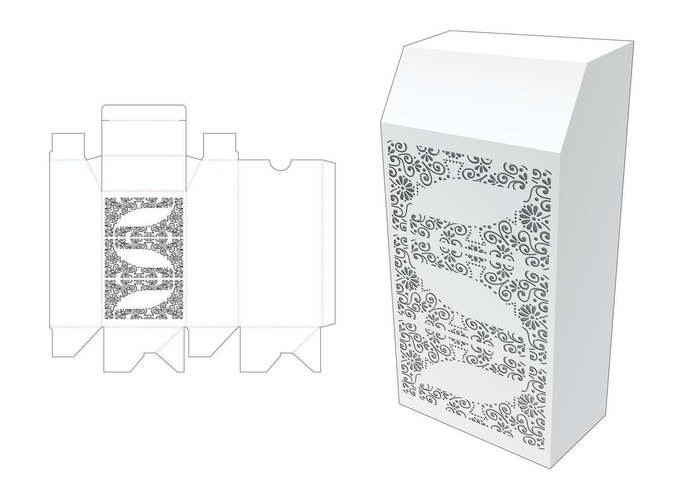 tall hexagonal box with stenciled pattern die cut template and 3D mockup vector