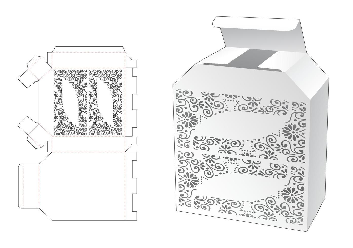 Chamfered packaging box with stenciled pattern die cut template and 3D mockup vector