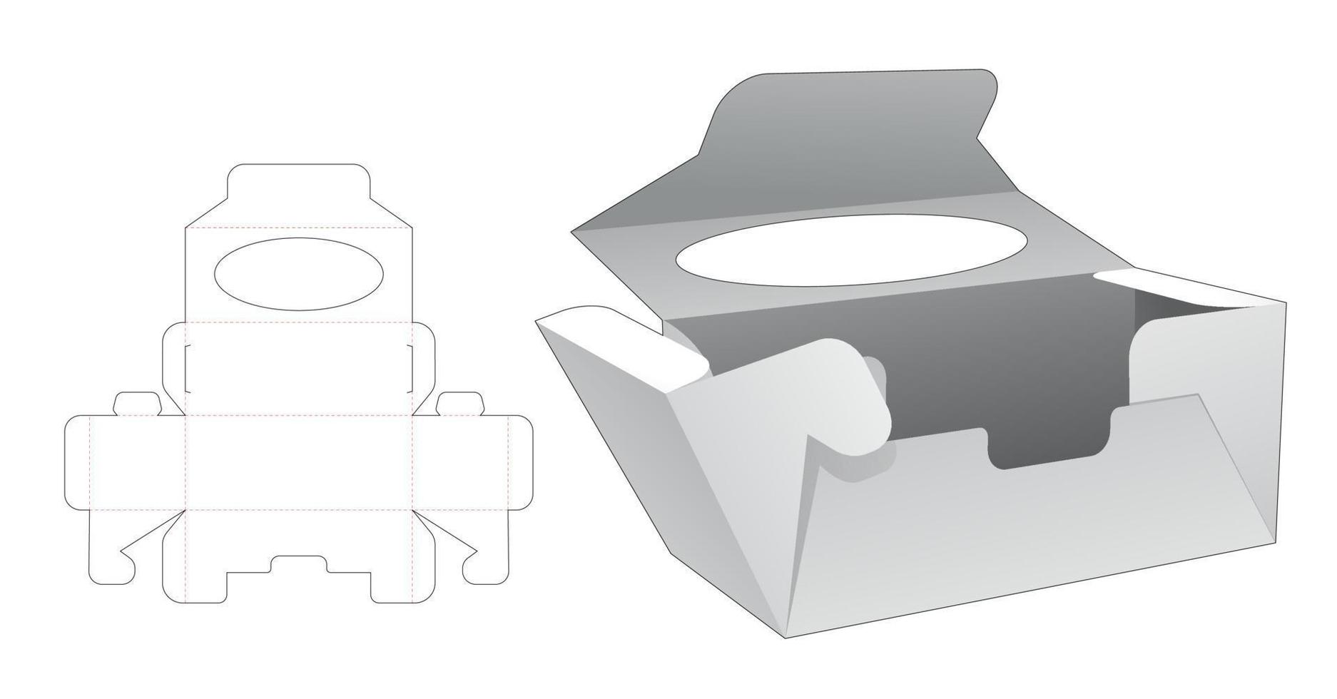Folding box with window die cut template and 3D mockup vector