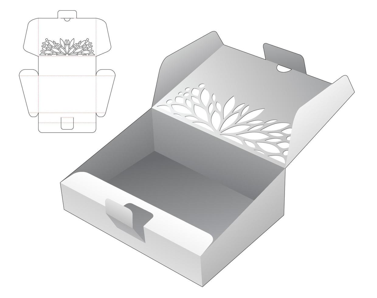 Stenciled sloped box with locked point die cut template and 3D mockup vector