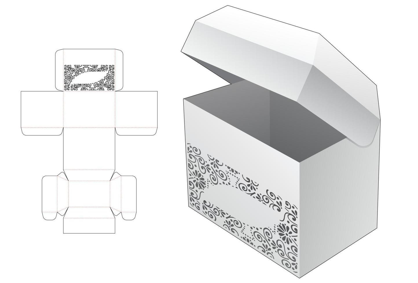 Chest flip packaging box with stenciled pattern die cut template and 3D mockup vector