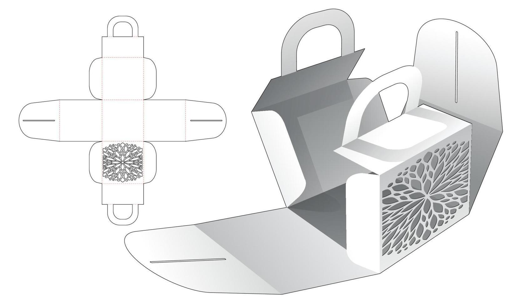 Handle wrap box with stenciled pattern die cut template and 3D mockup vector