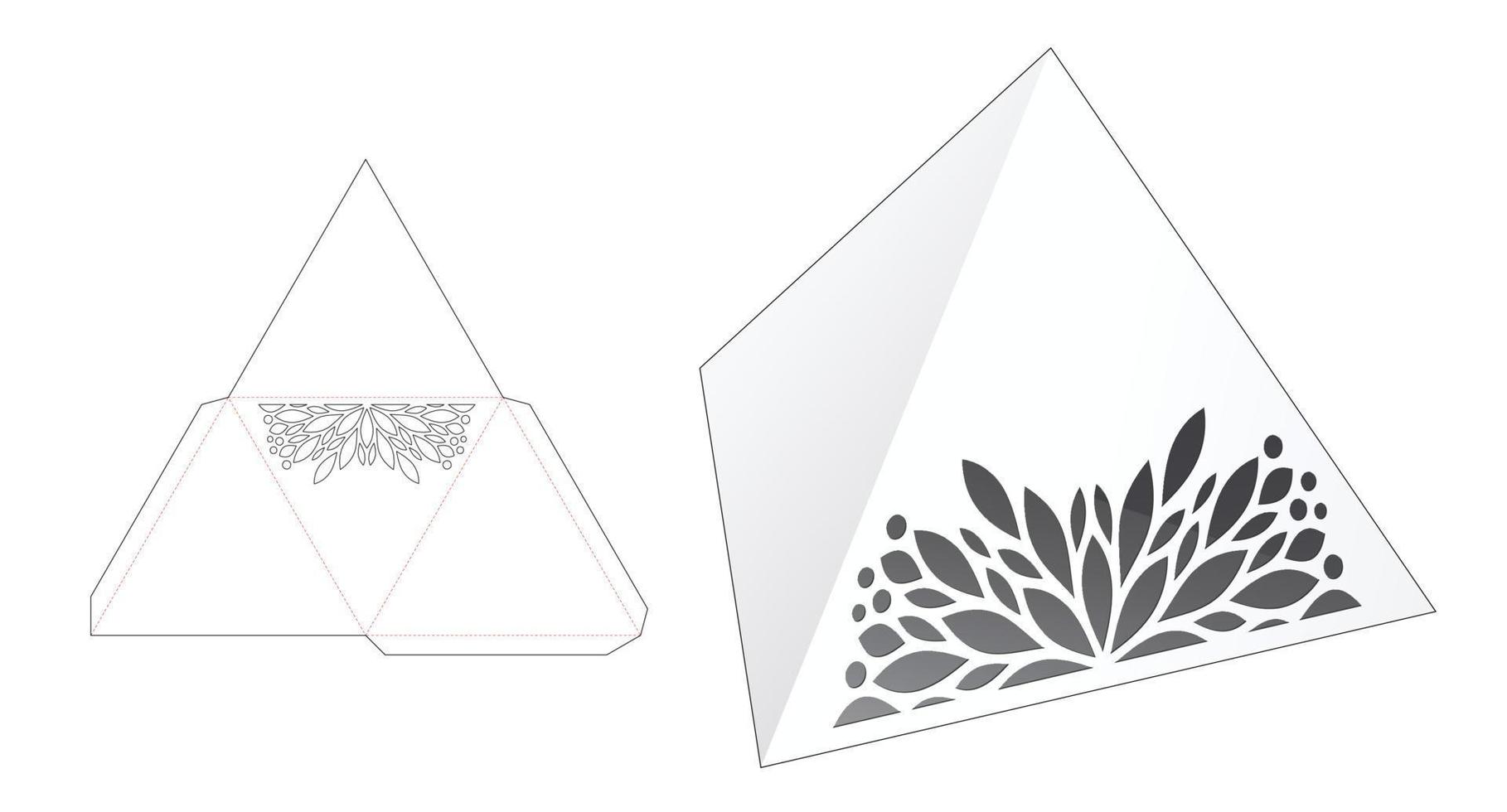 Tetrahedon box with stenciled mandala die cut template and 3D mockup vector