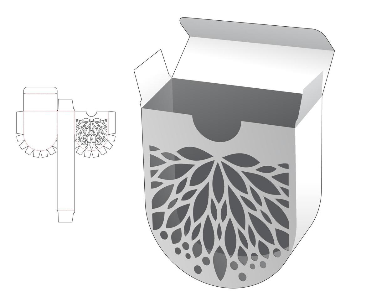Stenciled round bottom box with die cut template and 3D mockup vector
