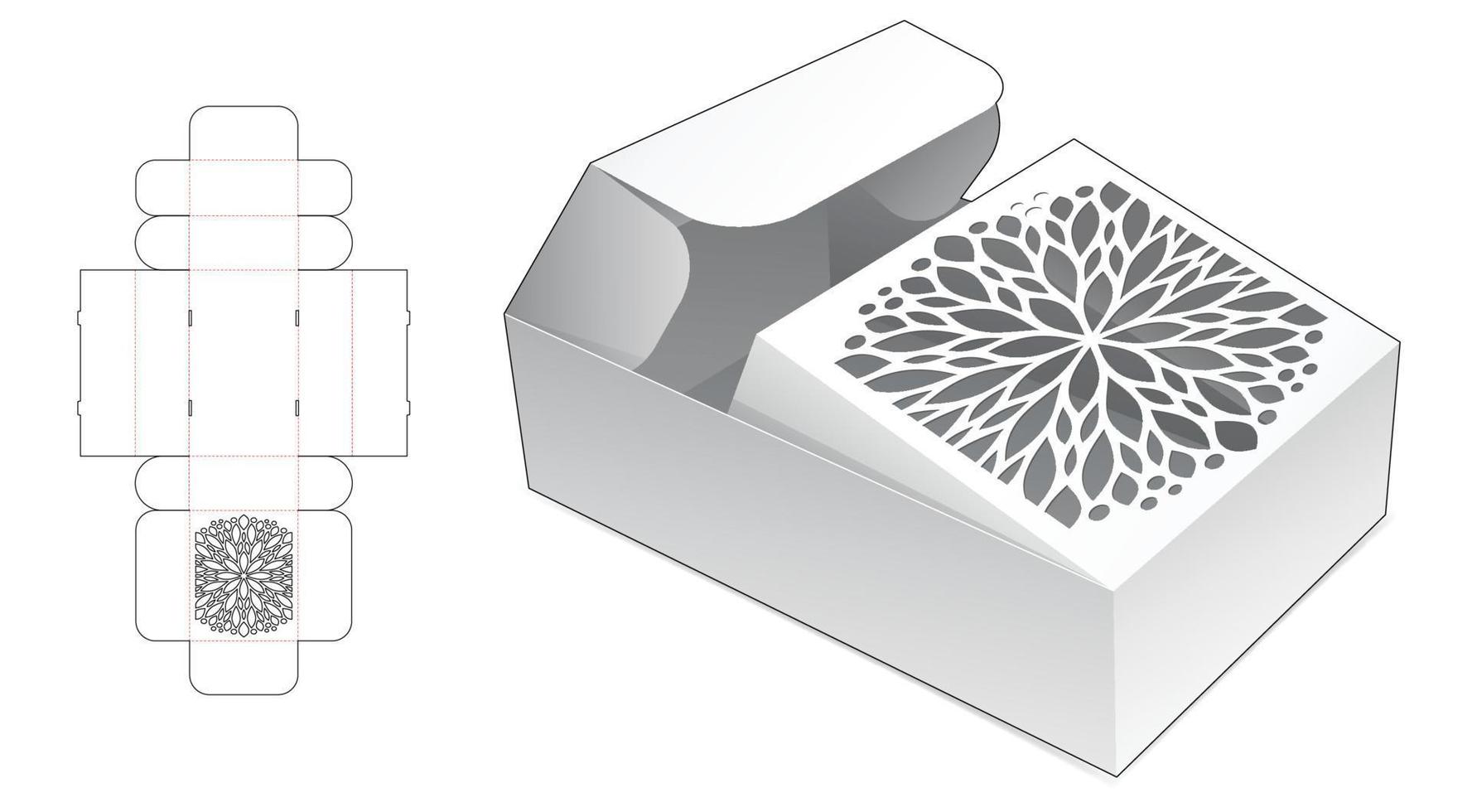 Two flips box with stenciled mandala die cut template and 3D mockup vector