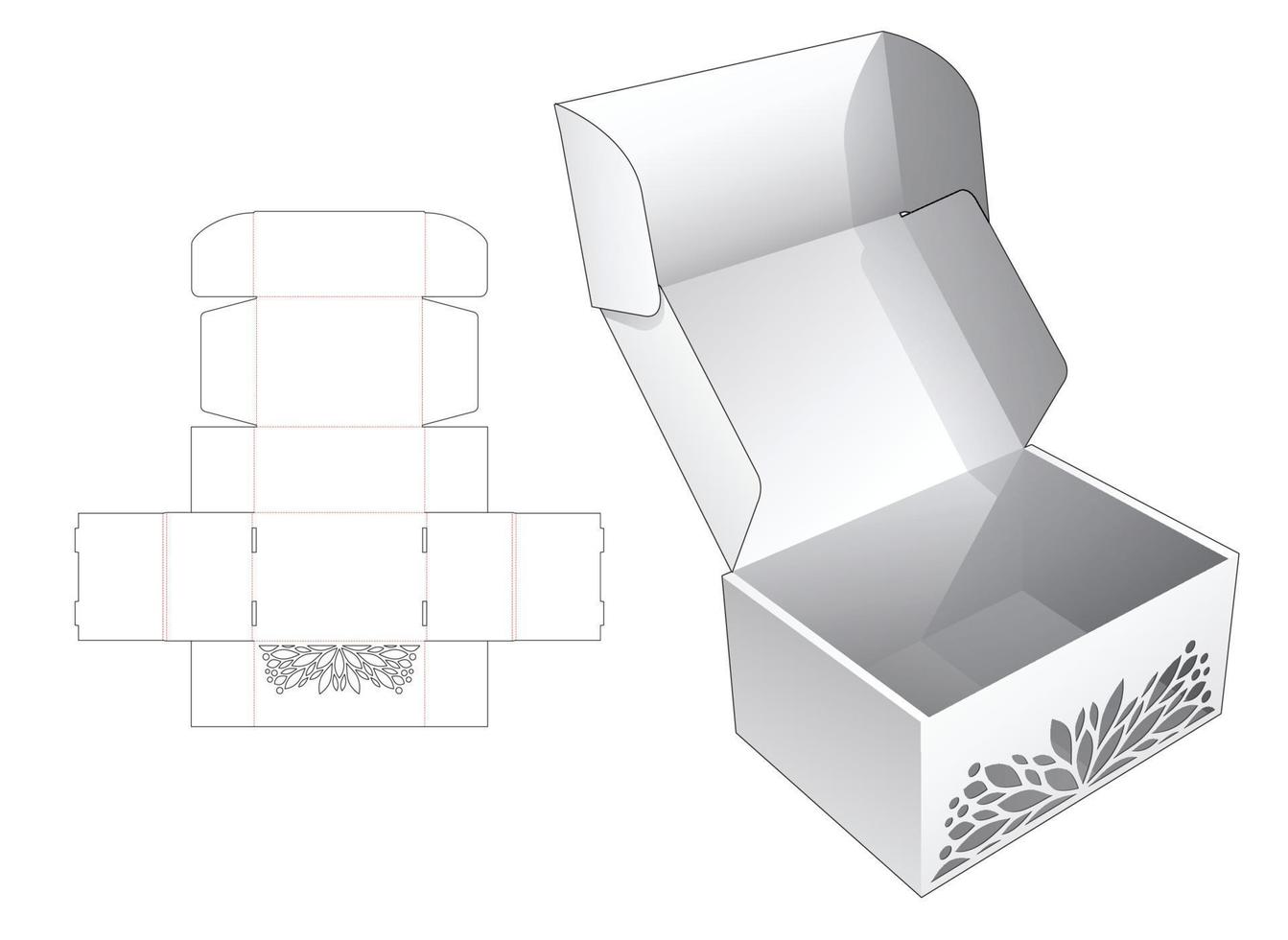 Cardboard flip box with hidden stenciled die cut template and 3D mockup vector
