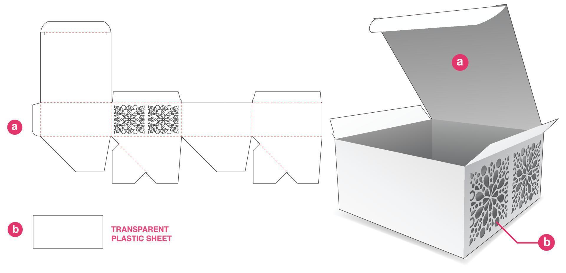 Cardboard box with stenciled mandala on side wall and plastic sheet die cut template and 3D mockup vector