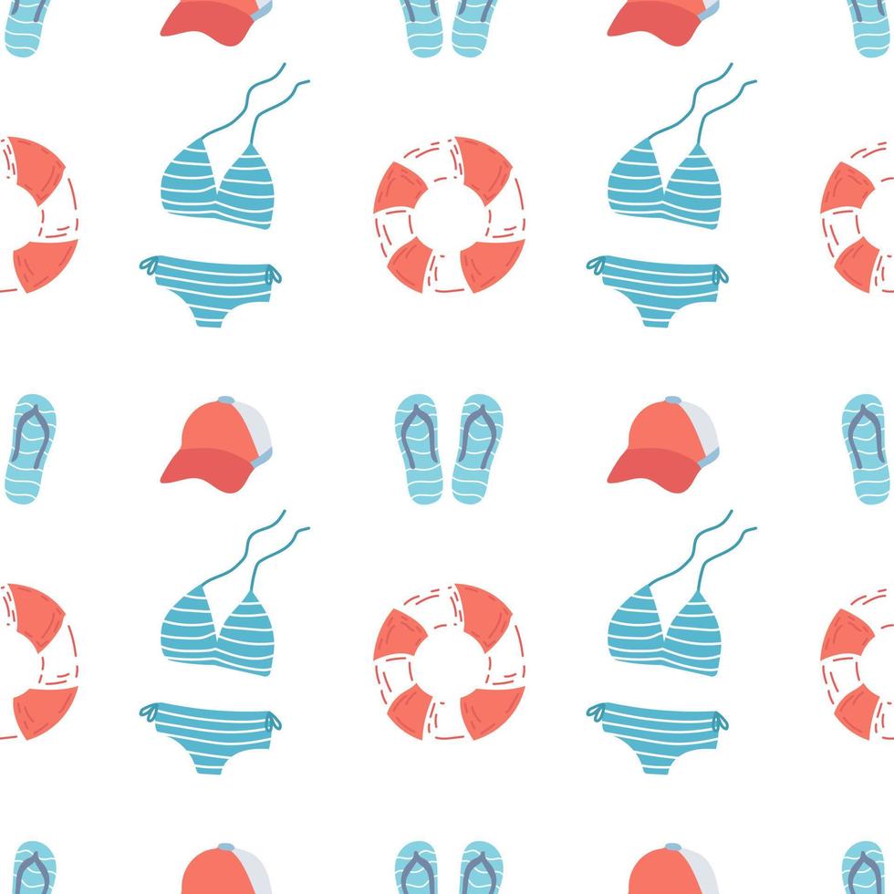 Summer seamless doodle pattern. Bikini, Flip-flops, Cap, lifeline. Flat vector illustration