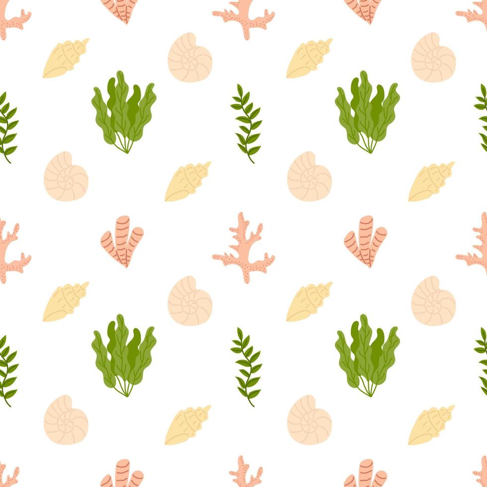 Summer seamless pattern with seaweed, corals and shells. Flat vector illustration