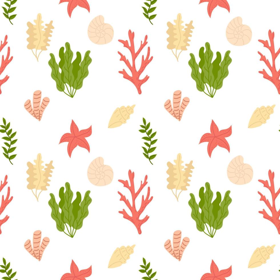 Summer seamless pattern with seaweed, corals and shells. Flat vector illustration