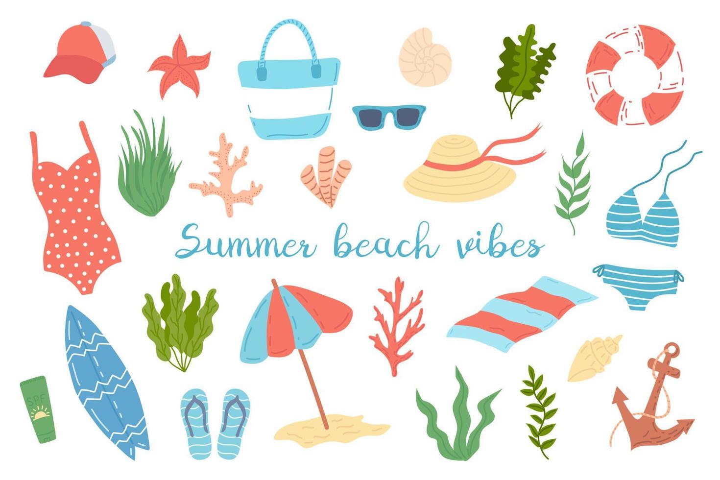 Summer beach vibes. Set with summer things and objects, summer holidays and tourism. Beach accessories and marine flora. Flat vector illustration