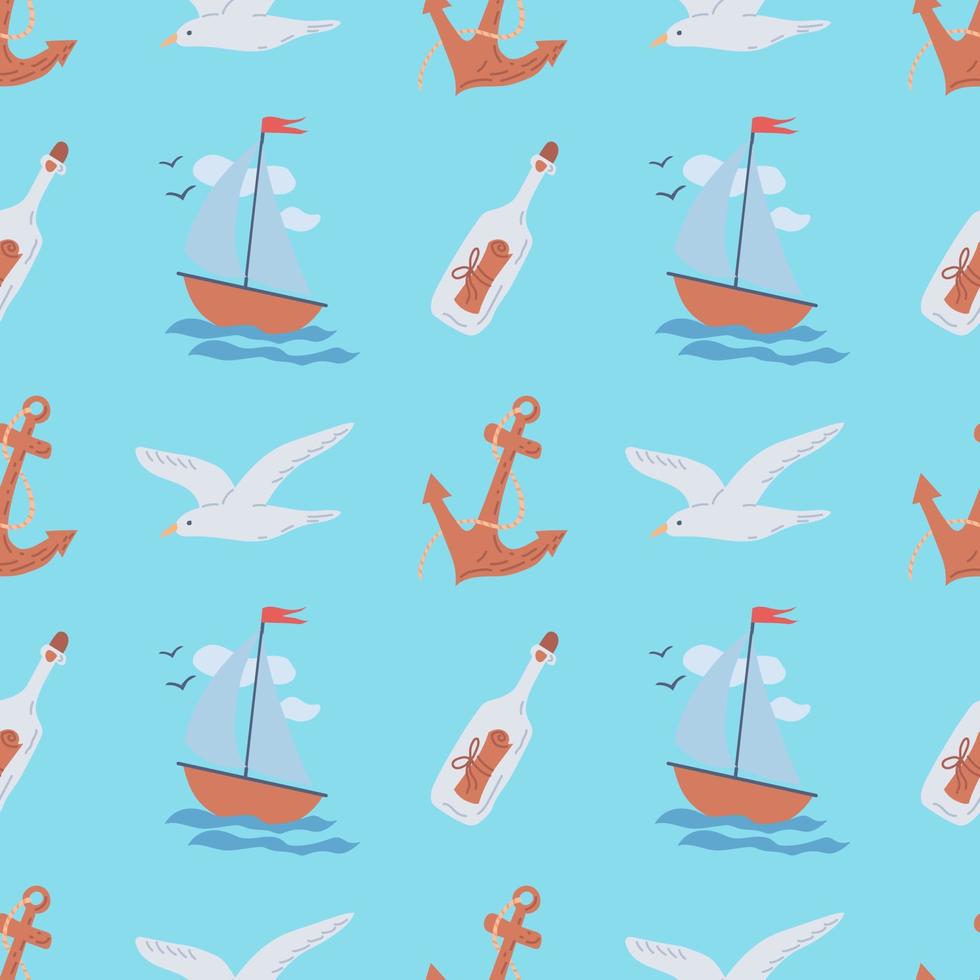 Seamless summer pattern on a marine theme. Flat vector illustration