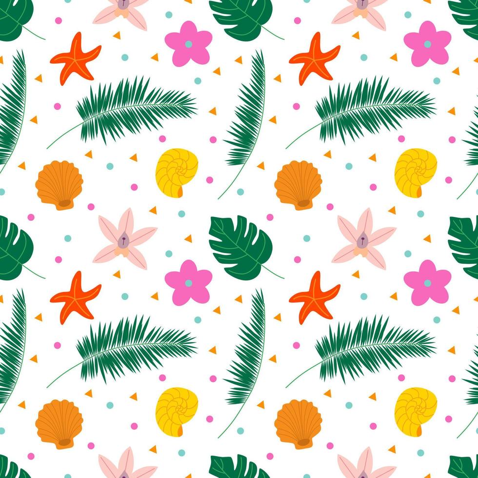 Seamless summer pattern with tropical flowers and leaves. Flat vector illustration