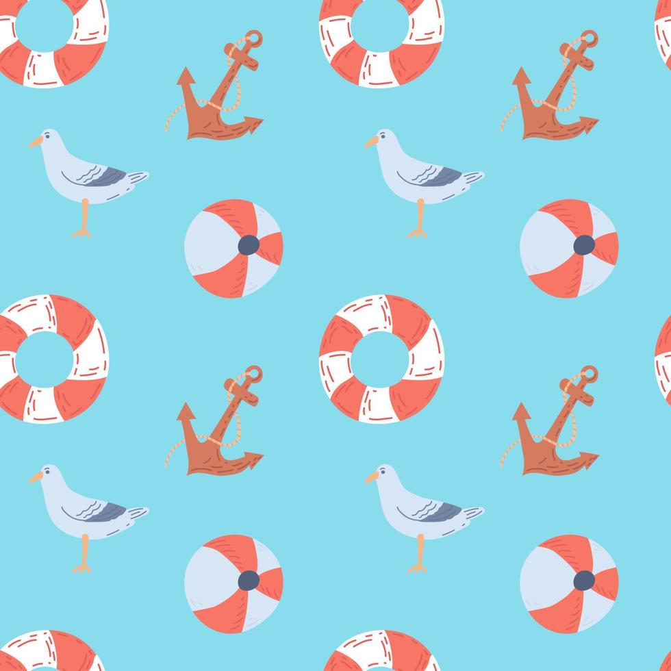 Seamless summer pattern on a marine theme. Seagull, anchor, lifebuoy. Flat vector illustration