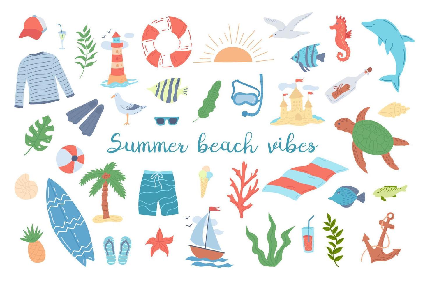 Summer and beach holidays, a set of items. Flat vector illustration