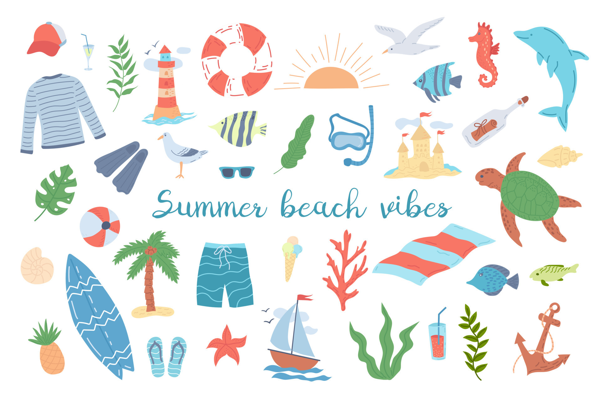 Summer and beach holidays, a set of items. Flat vector illustration ...