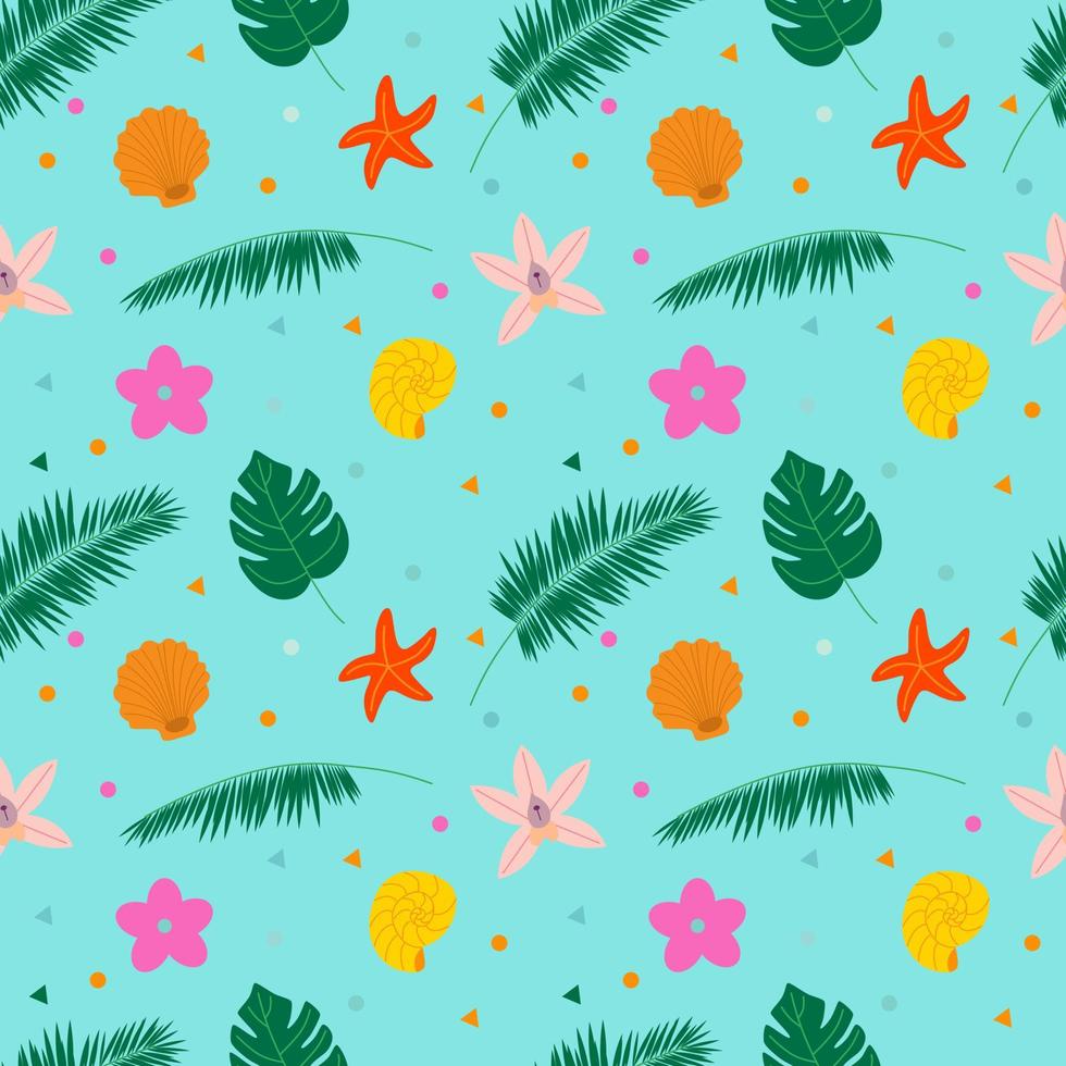 Seamless summer pattern with tropical flowers and leaves. Flat vector illustration