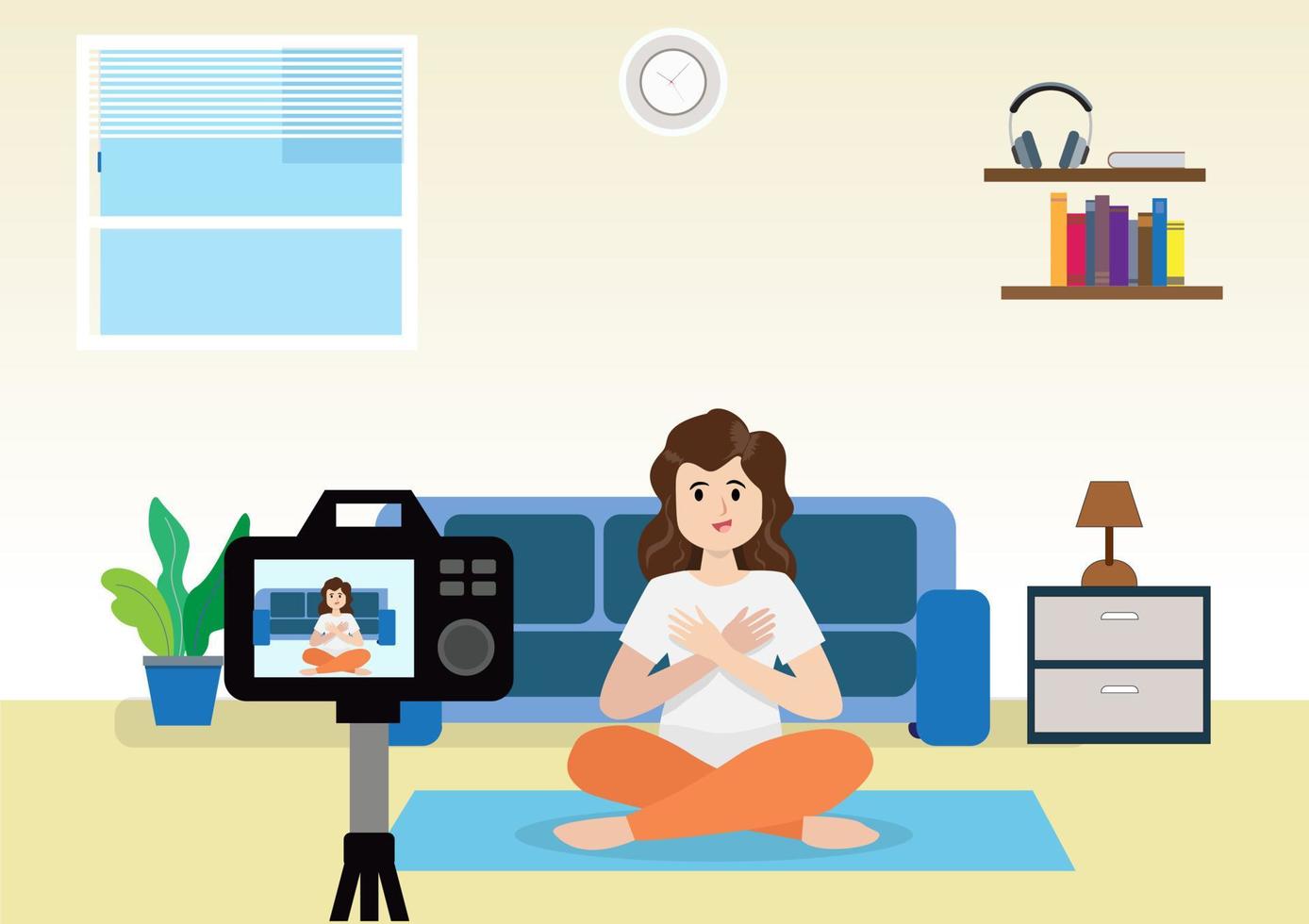 Girl teaching online class with yoga, meditation, live broadcast, internet classes, home activities, vector illustration