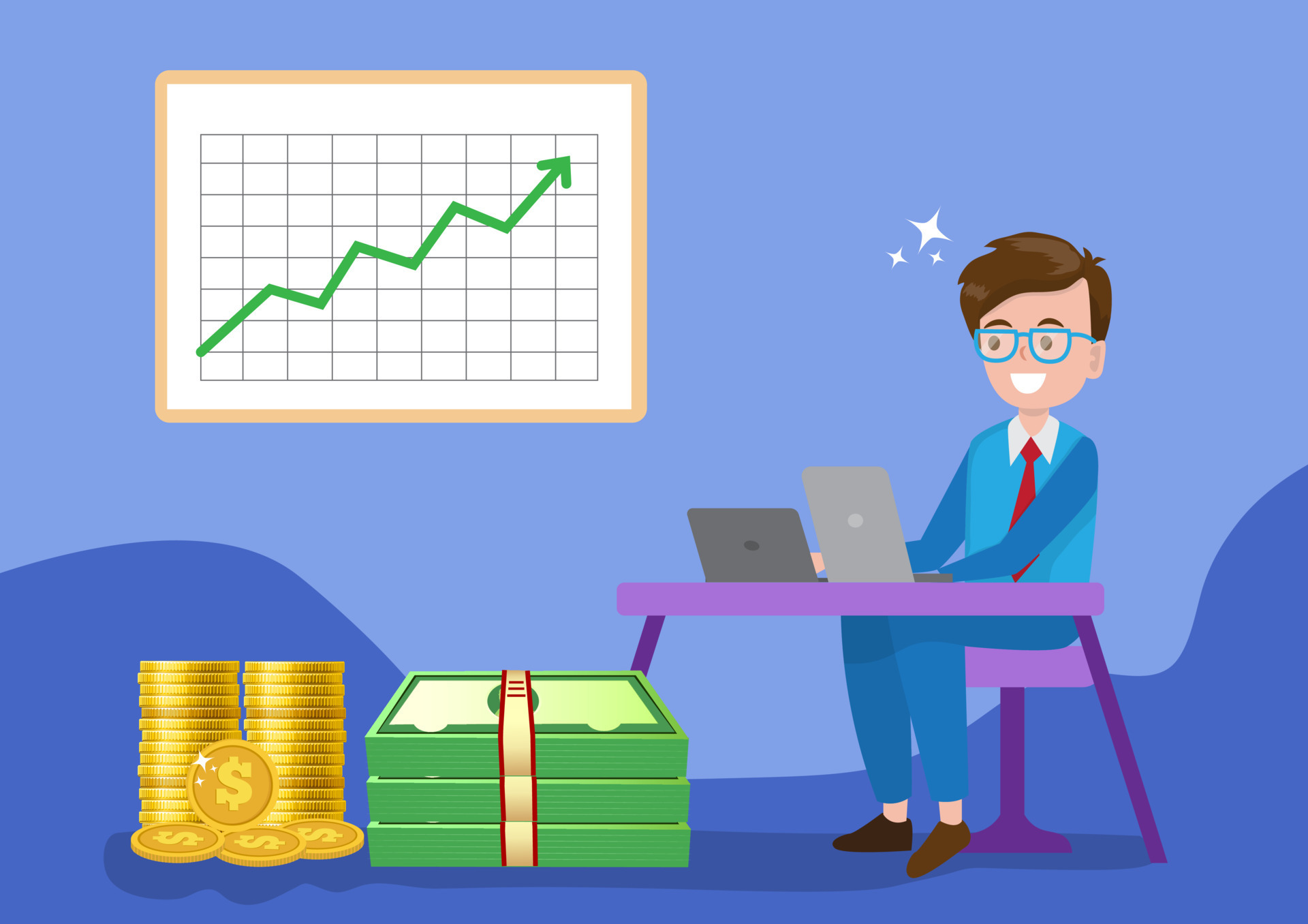 Businessman, he is happy with the top of the graph. rising rapidly That