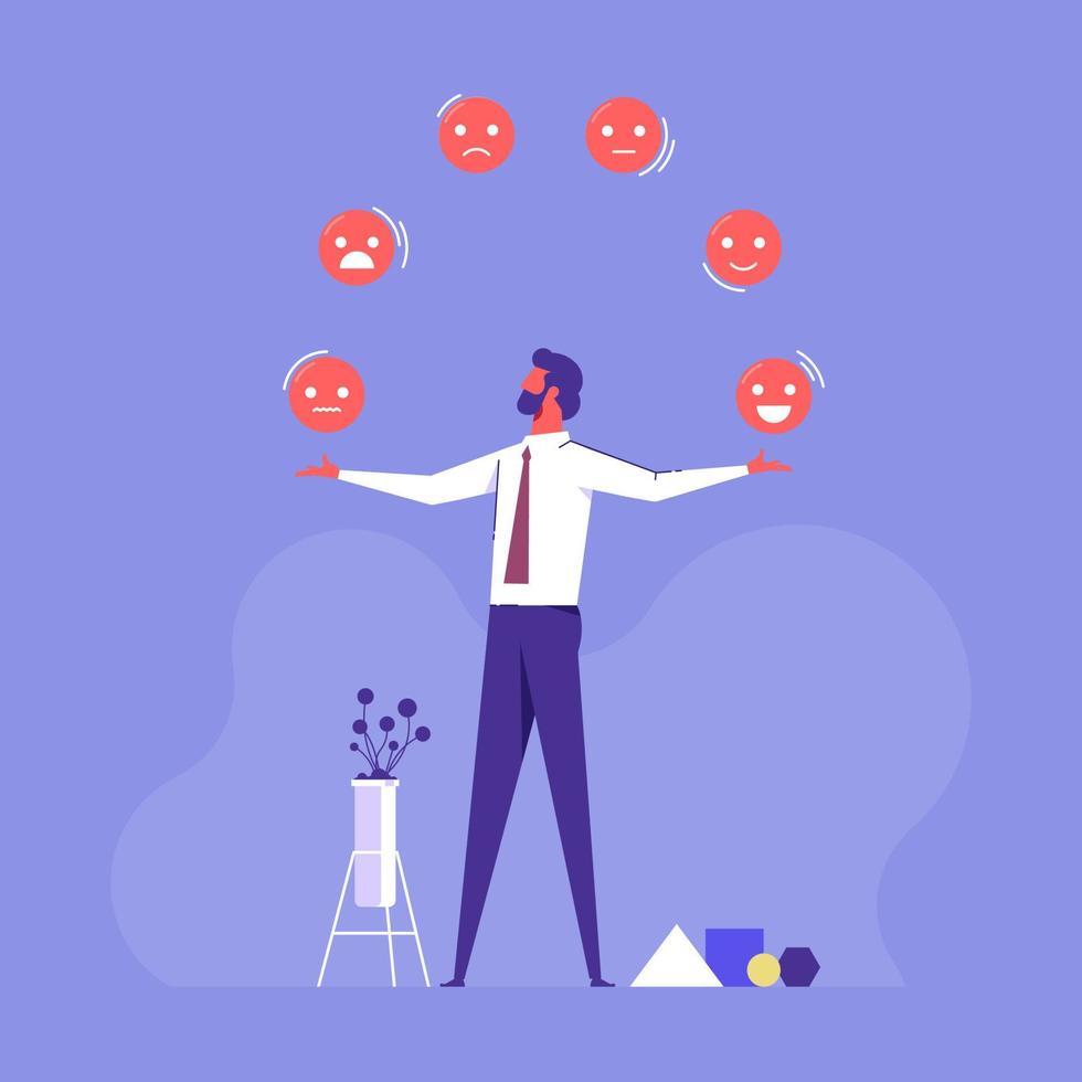 Juggling emotions control concept, businessman juggling emotions icons and mood control, mindfulness and psychology, techniques and techniques for managing anger vector