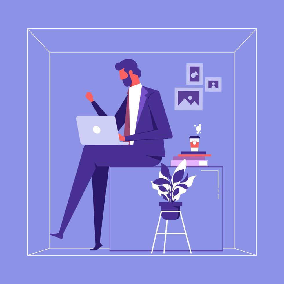 Businessman or office worker, working with laptop computer, sitting inside the box, presenting to introvert man concept vector