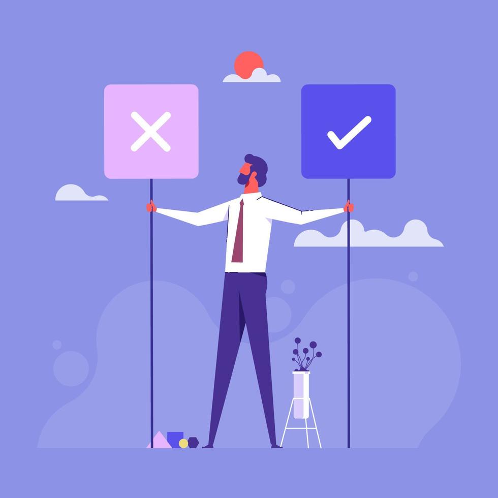 Business decision right or wrong, true or false, correct and incorrect, moral choosing option concept, thoughtful businessman holding right or wrong of left and right hand while making decision vector