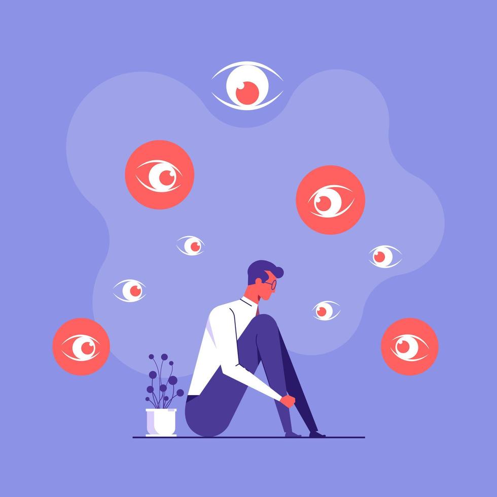 Sad man surrounded by giant eyes feeling overwhelmed and helpless, man suffers from phobias and fears, the psychological concept of mental disorder and paranoia vector illustration