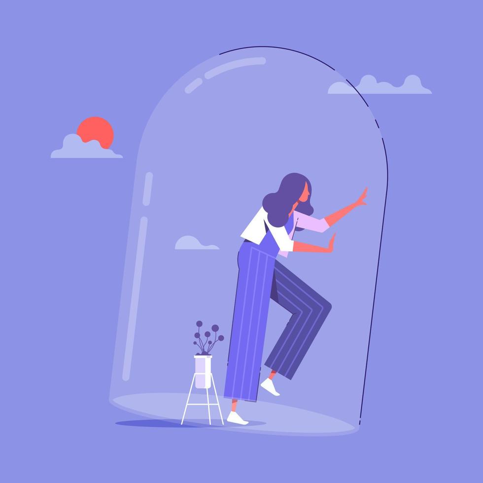 Gender inequality in employment concept, woman under bell glass, sexism, woman defends her rights, flat color vector illustration