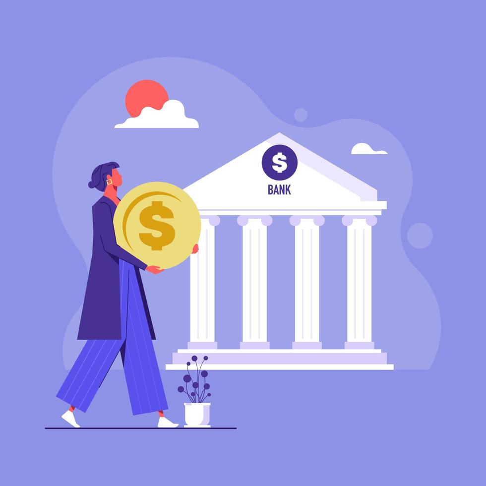 Bank concept, idea of finance, money investment. Building with column. woman carrying currency, bank financing, money exchange, saving or accumulating money vector