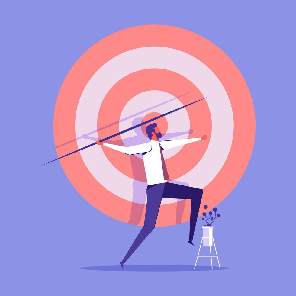 Hitting business targets, aim mission challenge task solution, man holds arrow hitting target, goal achievement or success vector