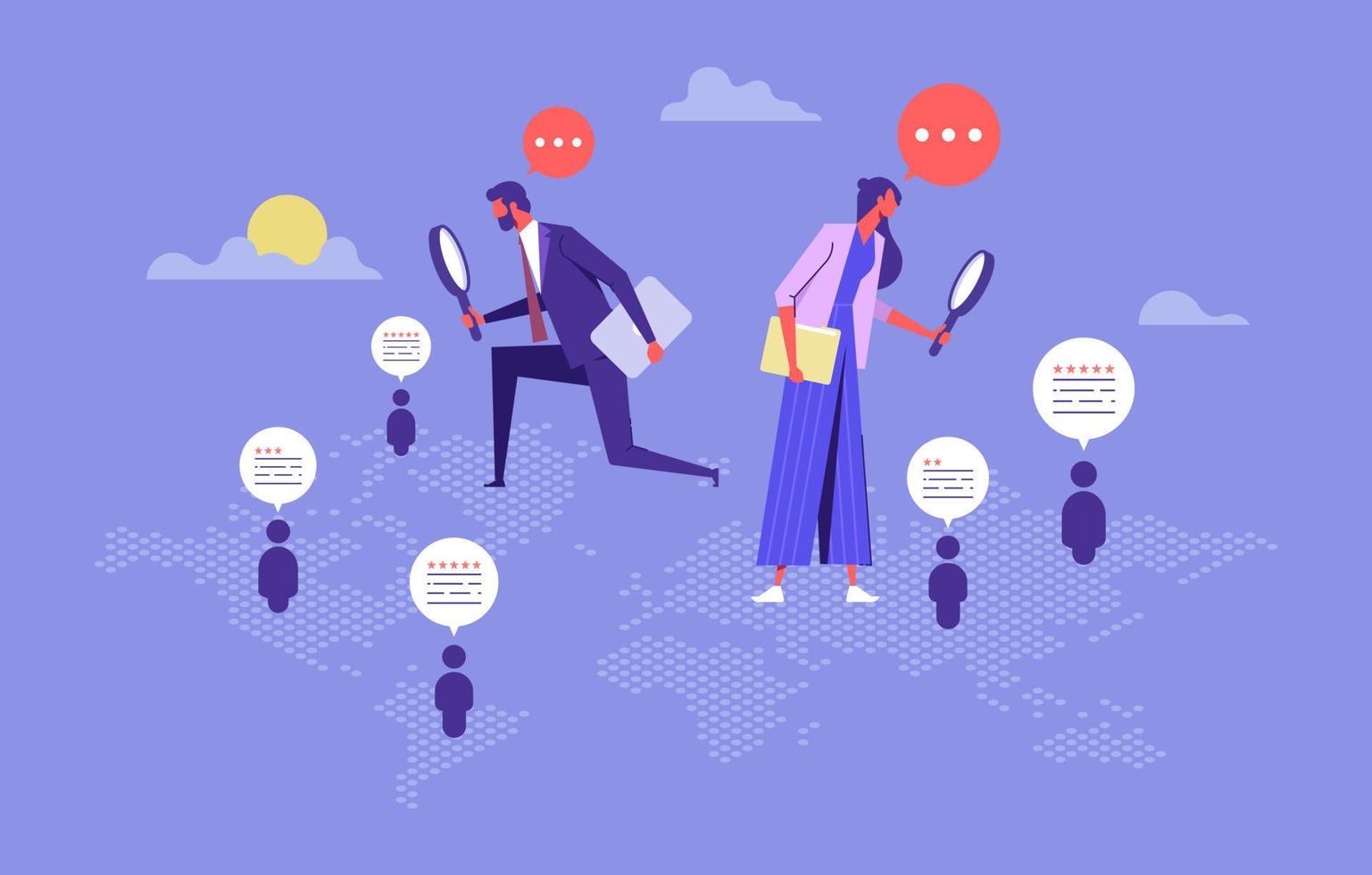 People search, talent selection, Business recruitment, hiring all around the world concept, Many people on world map and one selected, find the right people for business vector