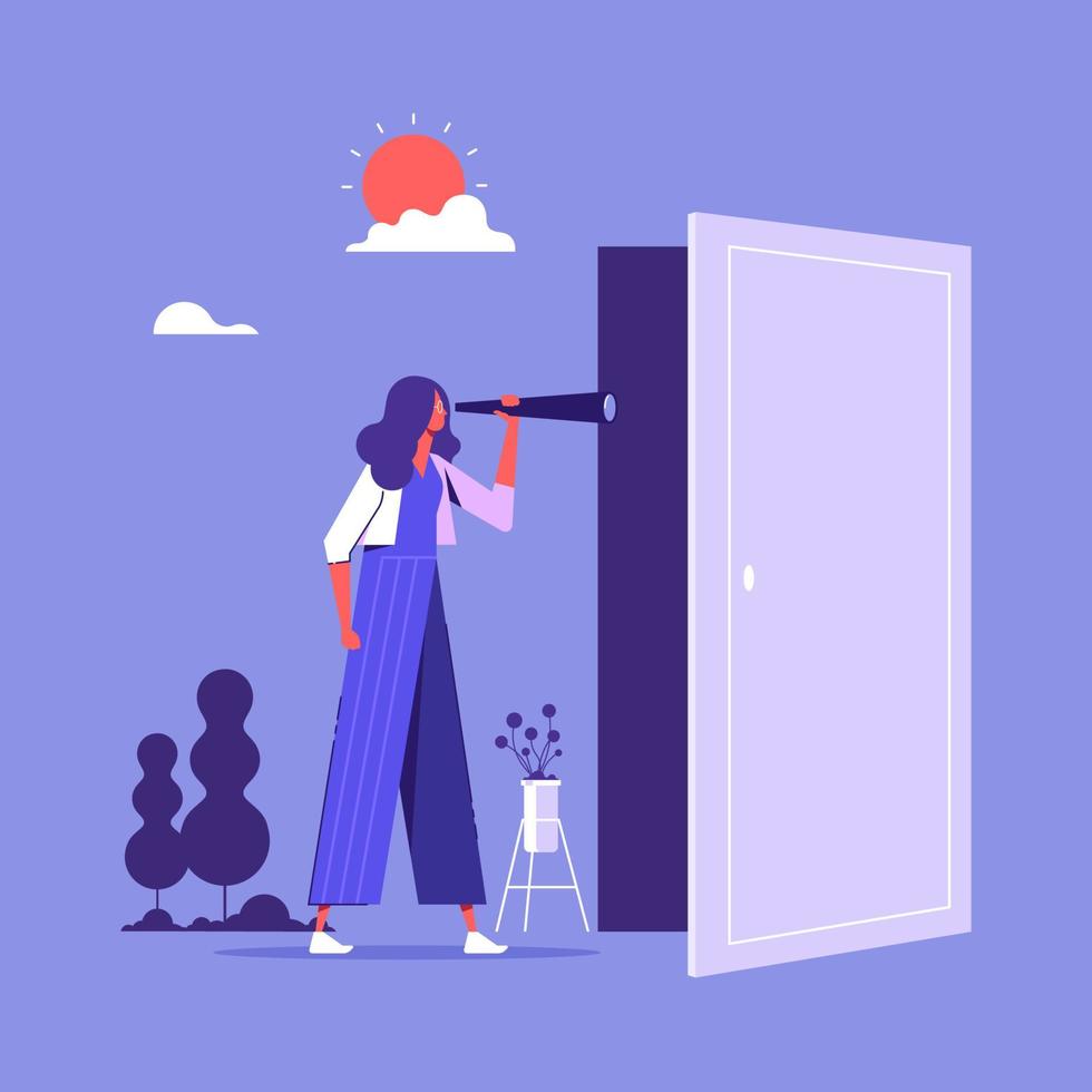 Looking in unknown future concept, businesswoman with telescope in her hands looks through open door, Search for life path and journey into subconscious vector