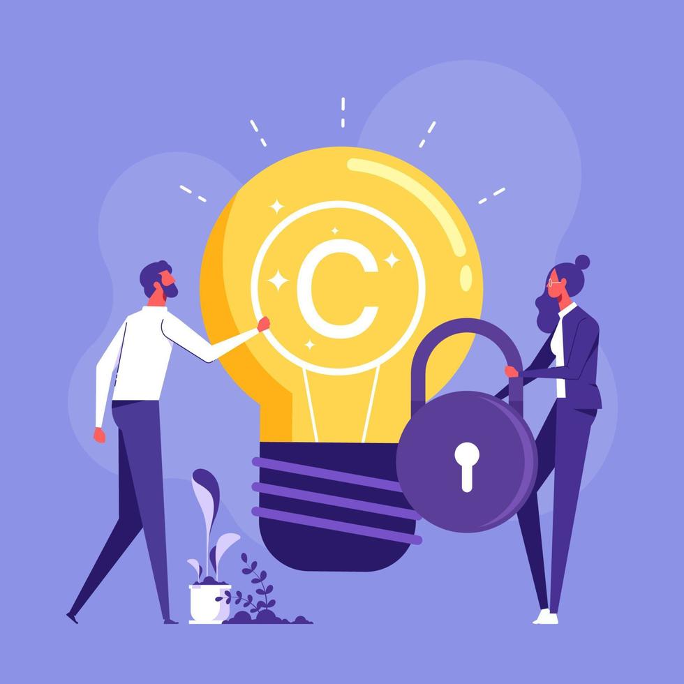 Intellectual property and copyright, patent. Authors protecting their idea. Vector web illustration