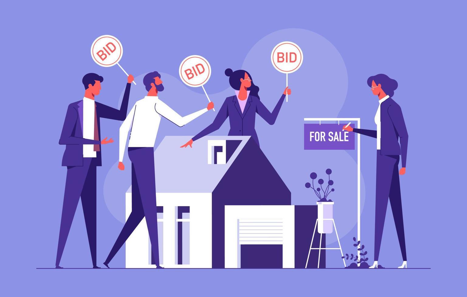 House for sale. Auction, group of various people holds bid signs. Best price offer, balance of supply and demand. Real estate deal vector